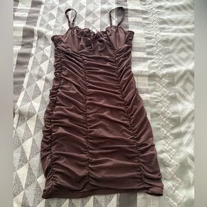 Divided Brown Ruched Bodycon Mini Dress